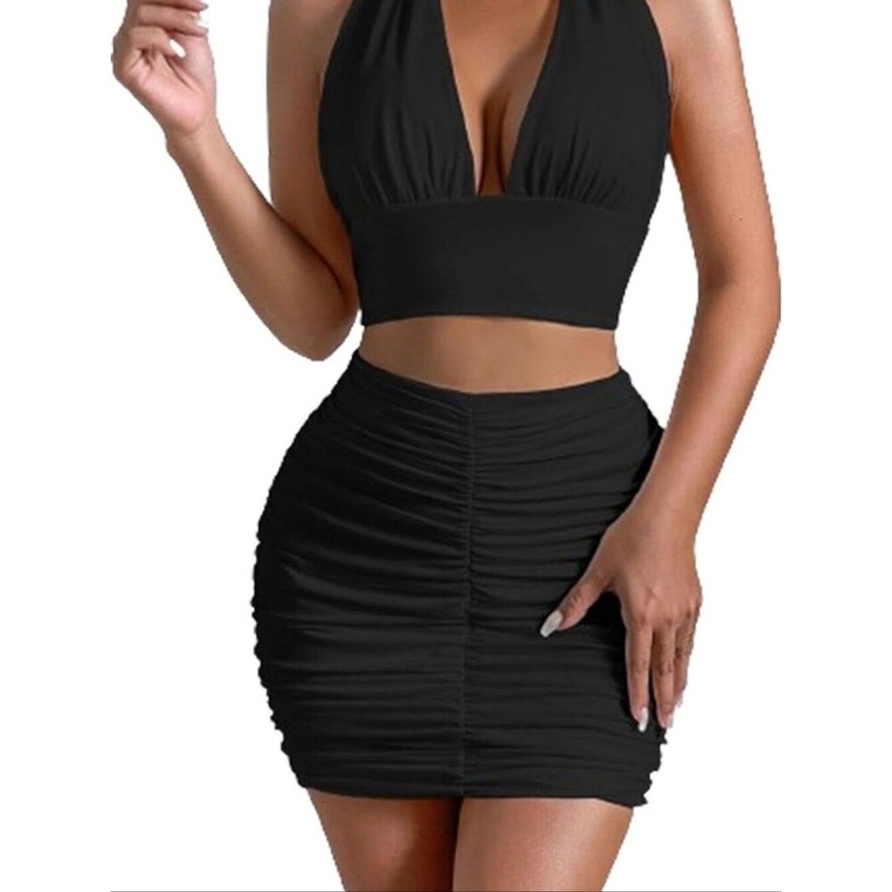 Black 2 Piece Skirt & Tie Neck Halter Top, Ruched, Stretchy, Form Fitting, M